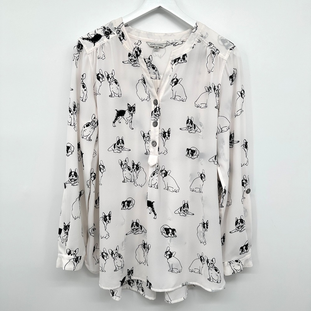 John Mark Top Shirt Blouse Size Medium French Bulldog Sheer Long Sleeves Petcore